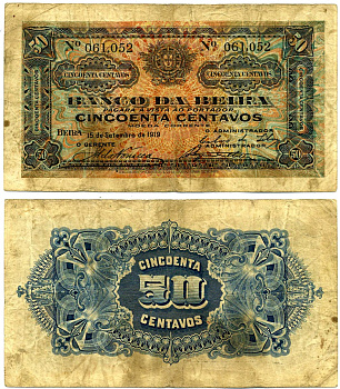 Мозамбик, Португальский 50 сентаво 1919 15 сентября 1919, БАНК BEIRA, подпись МАЛЕНЬКАЯ ФАКСИМИЛЬНАЯ Pick R3b бумага 6299-10-1-2
