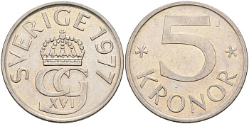 Швеция 5 крон 1977 Карл XVI Густав (1973- ) KM 853 медно-никель 4521-921