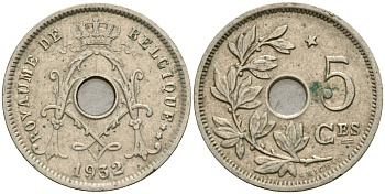 Бельгия 5 сантимов 1932 Belgique KM 66 медно-никель 4136-513