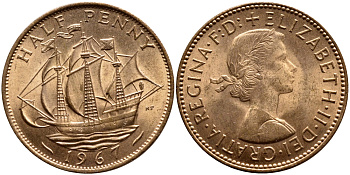 Великобритания 1/2 пенни 1967 Елизавета II (1952-2022) КМ 896, Spink 4158 бронза UNC 08-1235
