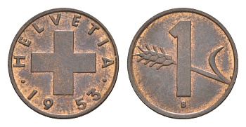 Швейцария 1 раппен 1953 B KM 46 бронза aUNC 4630-527