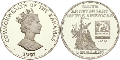 Багамские острова 5 долларов 1991 500 лет открытия Америки, корабли KM 140 серебро PROOF 06-245-33