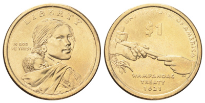 США 1 доллар 2011 Коренные Американцы - Договор с Вампаноагами KM 503 медь с марганцево-латунным покрытием UNC 4666-1015