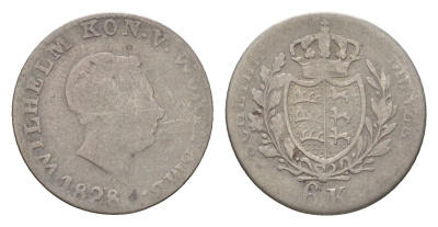 Вюртемберг 6 крейцеров 1828 Вильгельм I (1816-1864) KM 556 серебро 4625-959