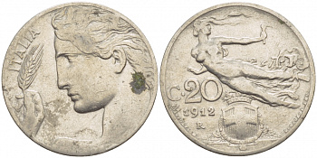 Италия 20 чентезимо 1912 R, Виктор Эммануил III (1900-1946) KM 44 никель 4548-125