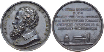 ИТАЛИЯ МЕДАЛЬ 1839 ГАЛИЛЕО ГАЛИЛЕЙ, В ЧЕСТЬ ГАЛИЛЕЯ И В ПАМЯТЬ О ПЕРВОМ СОБРАНИИ НАТУРАЛИСТОВ ИТАЛИИ В ПИЗЕ, ПОД ПОКРОВИТЕЛЬСТВОМ ЛЕОПОЛЬДА II, 1839 ГОД, МЕДАЛЬЕР P. CINGANELLI, ДИАМЕТР 55 ММ., ВЕС бронза 1084-1-32