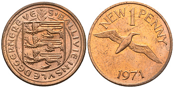 Гернси 1 пенc 1971 Елизавета II (1952-2022), северная олуша в полете KM 21 бронза  UNC  220-1217