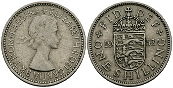 Великобритания 1 шиллинг 1953 Елизавета II (1952-2022), Английский герб KM 890, Spink 4139 медно-никель 4538-111