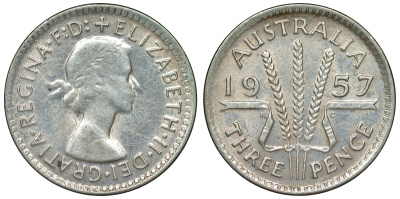 Австралия 3 пенса 1957 m, Елизавета II (1953-) KM 57 серебро 71-525