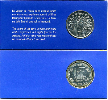 Франция 1 евро = 6,55957 франков 2001 в оригинальном картонном буклете, сертификат KM 1265.1 серебро BUNC 5-4-4-17
