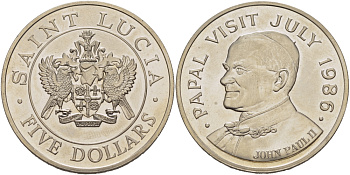 СЕНТ-ЛЮЧИЯ 5 ДОЛЛАРОВ 1986 ВИЗИТ ПАПЫ ИОАННА ПАВЛА II KM 14 медно-никель UNC 1081-4-41