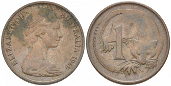 АВСТРАЛИЯ 1 ЦЕНТ 1969 ЕЛИЗАВЕТА II, МОЛОДОЙ ПОРТРЕТ, ОПОССУМ КМ 62 бронза 3851-1068