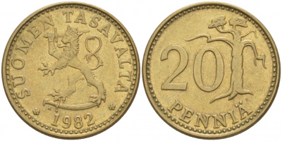 ФИНЛЯНДИЯ 20 ПЕННИ 1982 K KM 47 алюминиевая бронза 3718-525