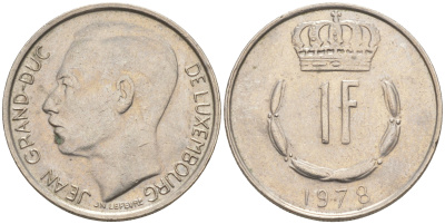 ЛЮКСЕМБУРГ 1 ФРАНК 1978 ВЕЛИКИЙ ГЕРЦОГ ЖАН (1964-2000) KM 55 медно-никель 63-643