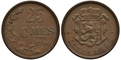 Люксембург 25 сантимов 1946 Шарлотта (1918-1964) KM 45 бронза 4538-834