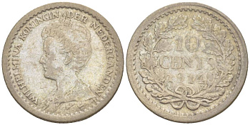 НИДЕРЛАНДЫ 10 ЦЕНТОВ 1914 ВИЛЬГЕЛЬМИНА I (1891-1948) KM 145 серебро 4532-1157