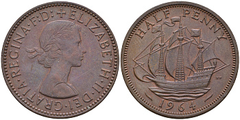 Великобритания 1/2 пенни 1964 Елизавета II (1952-2022) KM 896, Spink 4158 бронза 4592-431
