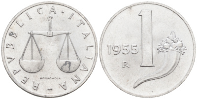 Италия 1 лира 1955 R, весы KM 91 алюминий  UNC  4594-734