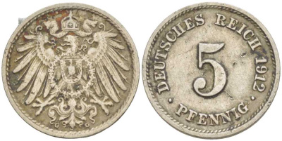 ГЕРМАНИЯ 5 ПФЕННИГОВ 1912 G KM 11, J. 12 медно-никель 105-156