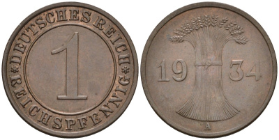Германия 1 рейхспфенниг 1934 A KM 37, J.313, Weege 2 медь 4585-627
