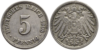 Германия 5 пфеннигов 1908 D KM 11, Jager 12, Weege 6 медно-никель 4547-464