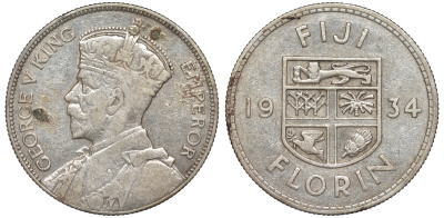 Фиджи 1 флорин 1934 Георг V (1910-1936), герб Фиджи KM 5 серебро 91-1245