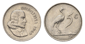 ЮАР 5 центов 1965 Ян ван Рибек (1619-1677), Suid Africa, легенда на африкаанс, райский журавль KM 67.2 медно-никель 4694-415
