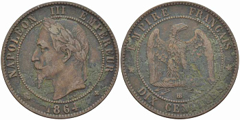 ФРАНЦИЯ 10 САНТИМОВ 1864 BB, НАПОЛЕОН III (1852-1870) KM 798.2, LE FRANC 134.12 бронза 4389-813
