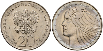 Польша 20 злотых 1975 MW, Международный год женщины KM 75, Parchimowicz 248 медно-никель UNC 69-926
