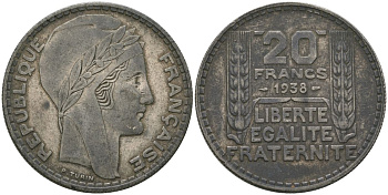 Франция 20 франков 1938 Пьер Тюрен KM 879, Le Franc 400.7 серебро 107-825