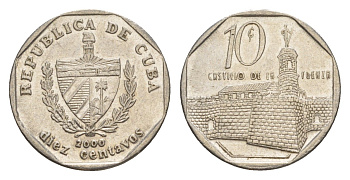 Куба 10 сентаво 2000 форт в Гаване Ла-Фуэрса KM 576.2, JMA MC20, Schoen 714 сталь плакированная никелем 4644-744
