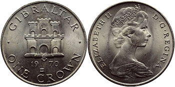 Гибралтар 1 крона 1970 Елизавета II (1952-2022), старый замок KM 4 медно-никель UNC 74-812