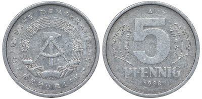 ГДР 5 ПФЕННИГОВ 1980 A KM 9.2 алюминий 62-426