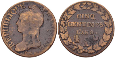 ФРАНЦИЯ 5 САНТИМОВ 1799 А, КОНСУЛАТ (1799-1803) LAN 8 KM 640.1 (C 135.1), LE FRANC 115.40 бронза 117-852