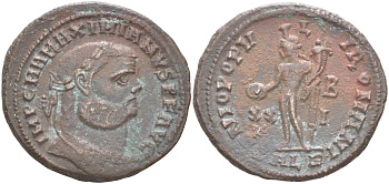Римская Империя нуммий 301 Максимиан Геркулий, бюст императора, IMP C M A MAXIMIANVS P F AVG / Гений Римского народа, GENIO POPVLI ROMANI XXI B ALE, Александрия RIC 30b биллон 1073-23-45