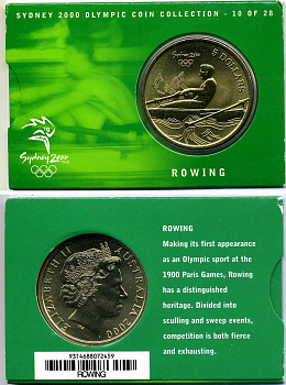 Австралия 5 долларов 2000 XXVII летние Олимпийские игры 2000 года в Сиднее, гребля, в оригинальном картонном буклете KM 431 латунь  UNC  2-5-2-45