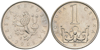 Чехия 1 крона 2008 b’ KM 7 сталь плакированная никелем aUNC 4516-356