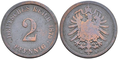 ГЕРМАНИЯ 2 ПФЕННИГА 1875 D, СТАРОГЕРБОВКА KM 2, Jager 2, Weege 3 медь 4546-545