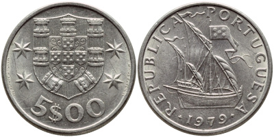 ПОРТУГАЛИЯ 5 ЭСКУДО 1979 ПАРУСНИК KM 591 медно-никель 4395-913
