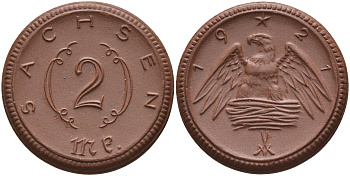 Саксония 2 марки 1921 J. N 56 фарфор 1094-1-84