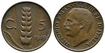 ИТАЛИЯ 5 ЧЕНТЕЗИМО 1919 R, ВИКТОР ИМАНУИЛ III KM 59 медь 4381-957