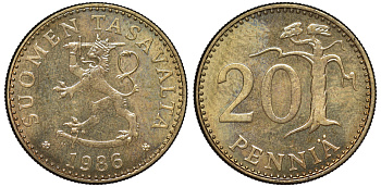 ФИНЛЯНДИЯ 20 ПЕННИ 1986 N KM 47 алюминиевая бронза UNC 3334-747