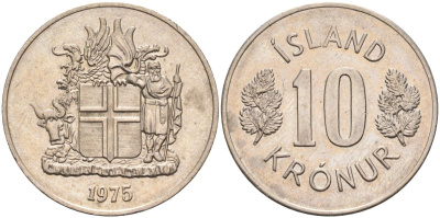 Исландия 10 крон 1975 KM 15 медно-никель UNC 4126-1012