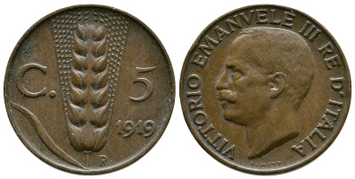 ИТАЛИЯ 5 ЧЕНТЕЗИМО 1919 R, ВИКТОР ИМАНУИЛ III KM 59 медь 4381-957