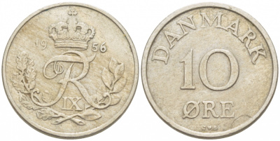 ДАНИЯ 10 ЭРЕ 1956 C; S, ФРЕДЕРИК IX (1947-1972) КМ 841.2 медно-никель 3309-144