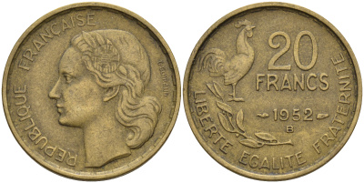 Франция 20 франков 1952 B, петух, 4 пера КМ 917.2 алюминиевая бронза    4603-234