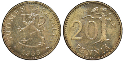ФИНЛЯНДИЯ 20 ПЕННИ 1986 N KM 47 алюминиевая бронза UNC 3334-747
