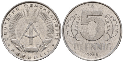 ГДР 5 пфеннигов 1968 A KM 9.1 алюминий 211-962