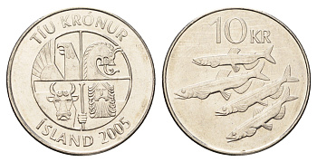 Исландия 10 крон 2005 рыбы KM 29.1a сталь плакированная никелем UNC 4691-253