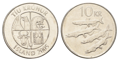 Исландия 10 крон 2005 рыбы KM 29.1a сталь плакированная никелем UNC 4691-253